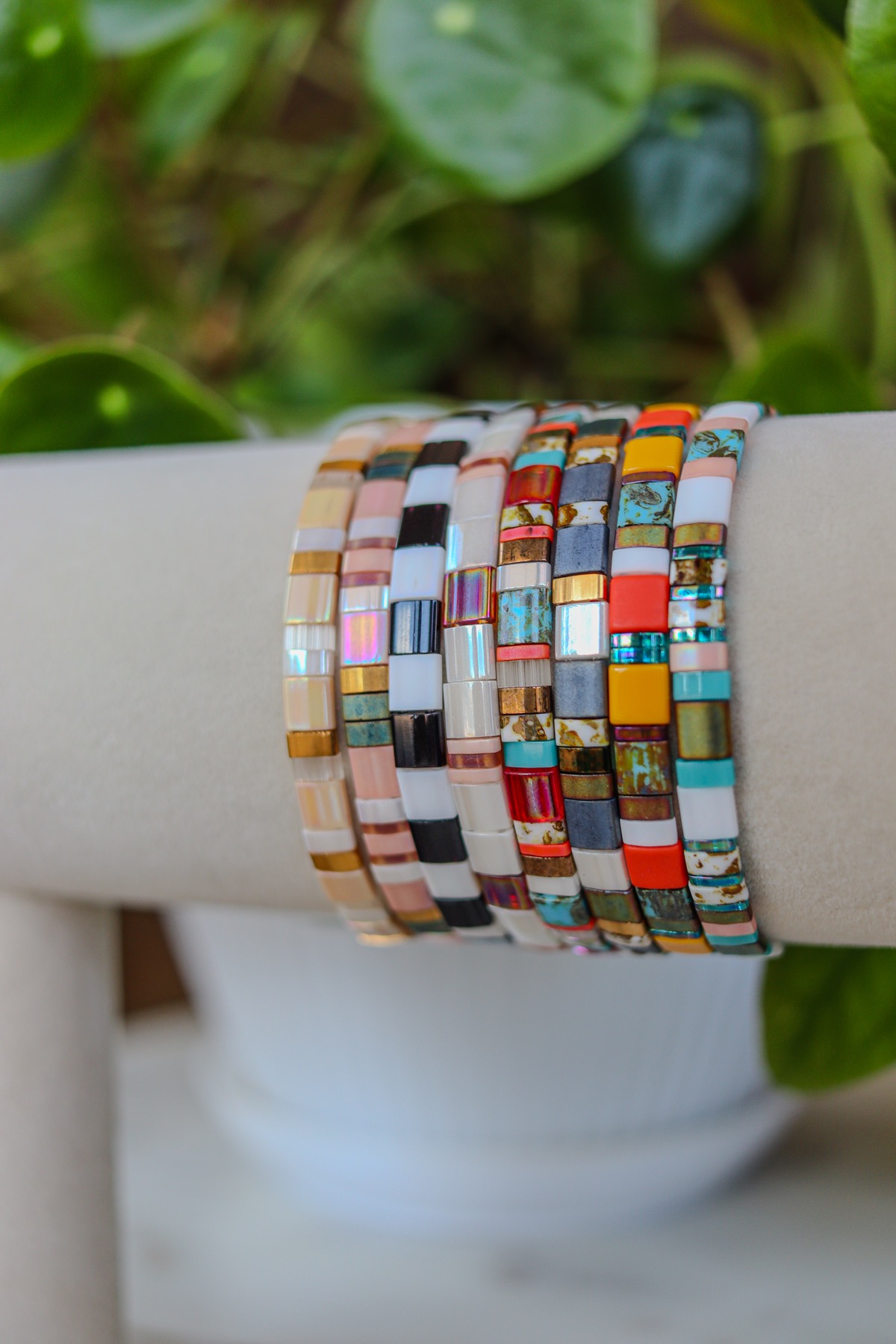 Owner-supplied photograph of a stack of colorful bracelets